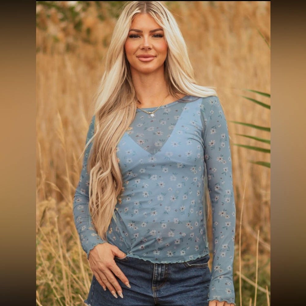 1007. Floral sheer mesh long sleeve top in blue